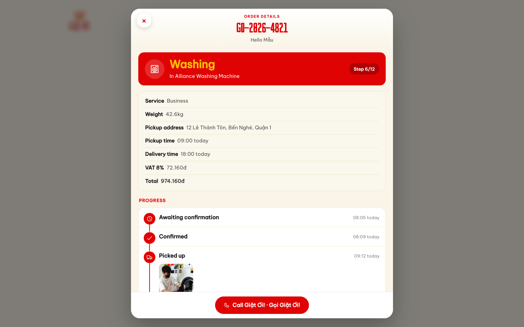Theo dõi đơn Giặt Ơi, trạng thái